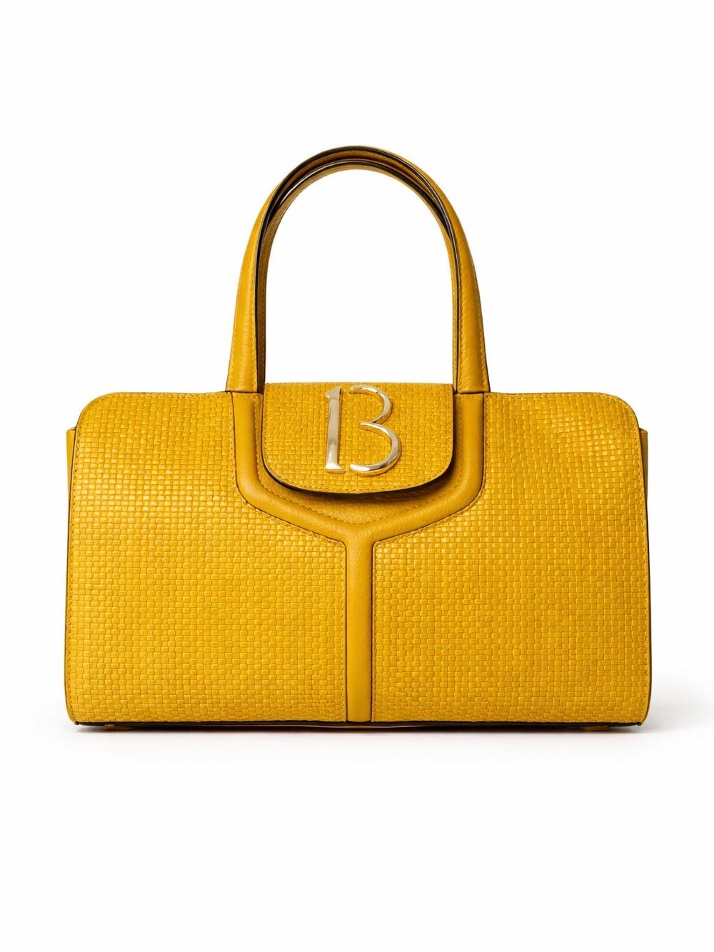 Italian Shoemakers Yellow Woven Leather Satchel with B Logo